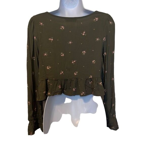 Arizona Jean Co Green Pink Floral V Neck Peplum Crop Top Long Sleeve Small Boho - Picture 2 of 8
